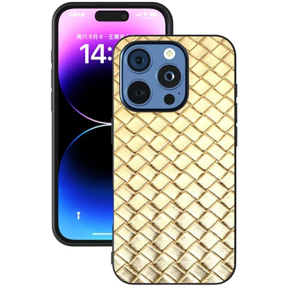 For iPhone 16 Pro Case Woven Texture PU Leather Coated PC+TPU Mobile Phone Cover
