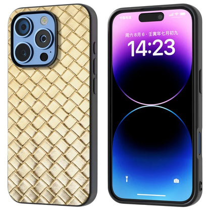 For iPhone 16 Pro Case Woven Texture PU Leather Coated PC+TPU Mobile Phone Cover