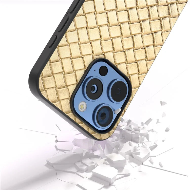 For iPhone 16 Pro Case Woven Texture PU Leather Coated PC+TPU Mobile Phone Cover