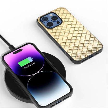 For iPhone 16 Pro Case Woven Texture PU Leather Coated PC+TPU Mobile Phone Cover