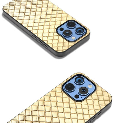For iPhone 16 Pro Case Woven Texture PU Leather Coated PC+TPU Mobile Phone Cover