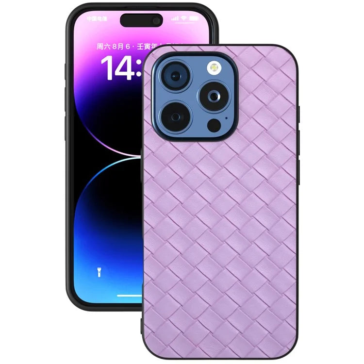 For iPhone 16 Pro Case Woven Texture PU Leather Coated PC+TPU Mobile Phone Cover