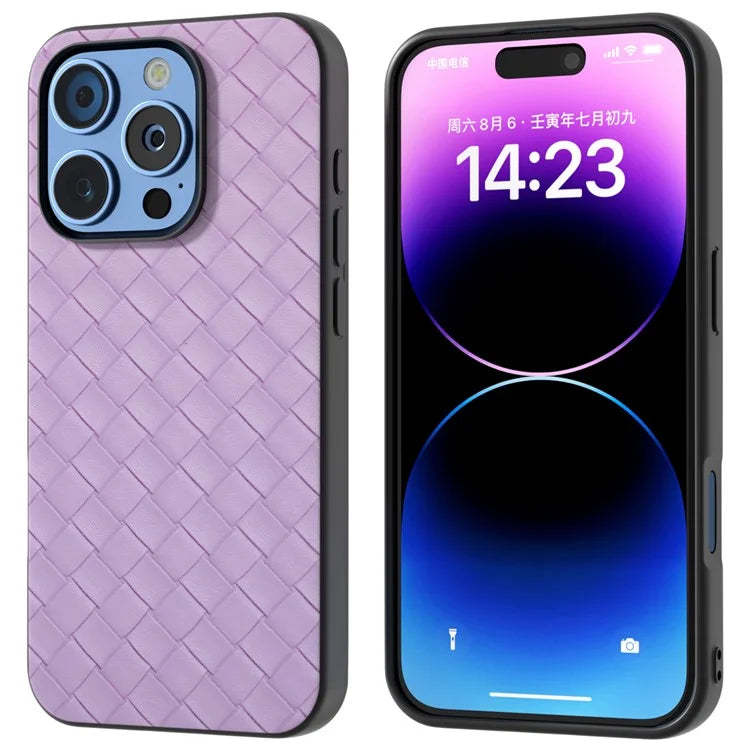 For iPhone 16 Pro Case Woven Texture PU Leather Coated PC+TPU Mobile Phone Cover