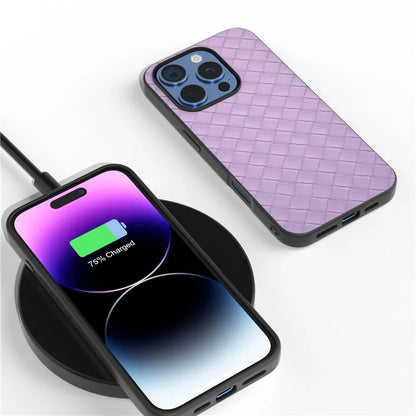 For iPhone 16 Pro Case Woven Texture PU Leather Coated PC+TPU Mobile Phone Cover