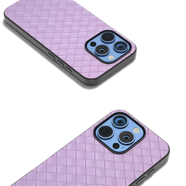 For iPhone 16 Pro Case Woven Texture PU Leather Coated PC+TPU Mobile Phone Cover