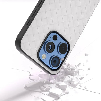 For iPhone 16 Pro Case Woven Texture PU Leather Coated PC+TPU Mobile Phone Cover