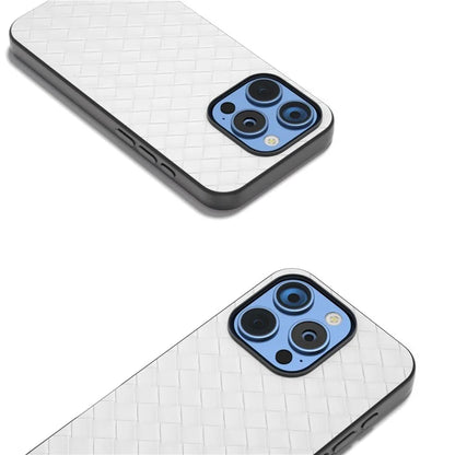 For iPhone 16 Pro Case Woven Texture PU Leather Coated PC+TPU Mobile Phone Cover
