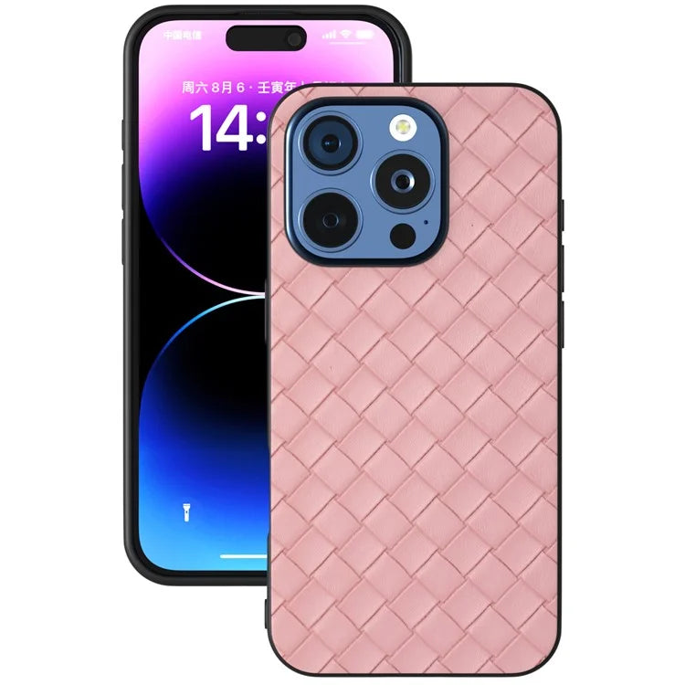 For iPhone 16 Pro Case Woven Texture PU Leather Coated PC+TPU Mobile Phone Cover