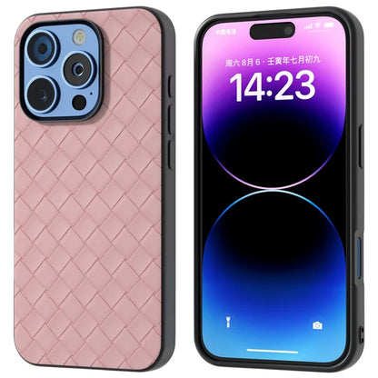 For iPhone 16 Pro Case Woven Texture PU Leather Coated PC+TPU Mobile Phone Cover