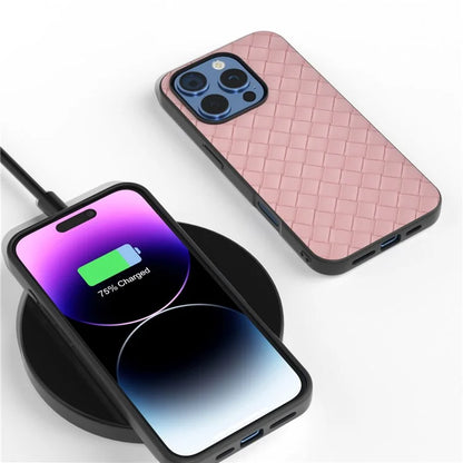 For iPhone 16 Pro Case Woven Texture PU Leather Coated PC+TPU Mobile Phone Cover