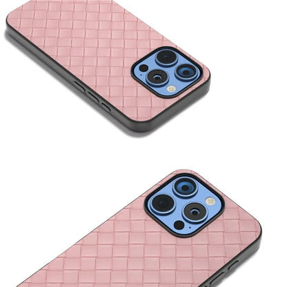 For iPhone 16 Pro Case Woven Texture PU Leather Coated PC+TPU Mobile Phone Cover