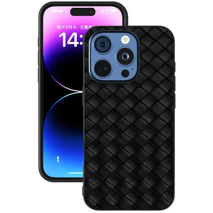 For iPhone 16 Pro Case Woven Texture PU Leather Coated PC+TPU Mobile Phone Cover