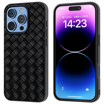 For iPhone 16 Pro Case Woven Texture PU Leather Coated PC+TPU Mobile Phone Cover