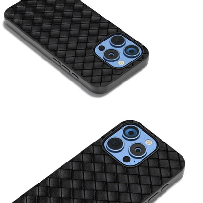 For iPhone 16 Pro Case Woven Texture PU Leather Coated PC+TPU Mobile Phone Cover