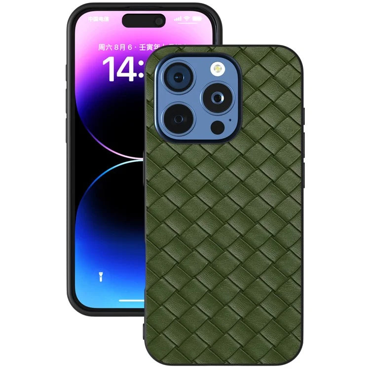 For iPhone 16 Pro Case Woven Texture PU Leather Coated PC+TPU Mobile Phone Cover