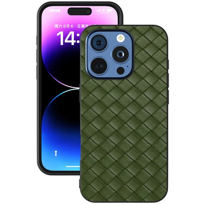 For iPhone 16 Pro Case Woven Texture PU Leather Coated PC+TPU Mobile Phone Cover