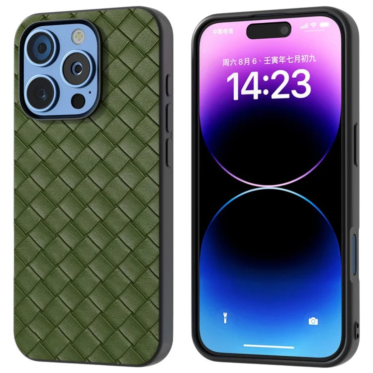 For iPhone 16 Pro Case Woven Texture PU Leather Coated PC+TPU Mobile Phone Cover