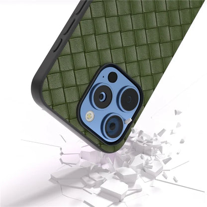 For iPhone 16 Pro Case Woven Texture PU Leather Coated PC+TPU Mobile Phone Cover