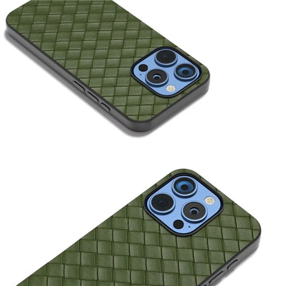 For iPhone 16 Pro Case Woven Texture PU Leather Coated PC+TPU Mobile Phone Cover