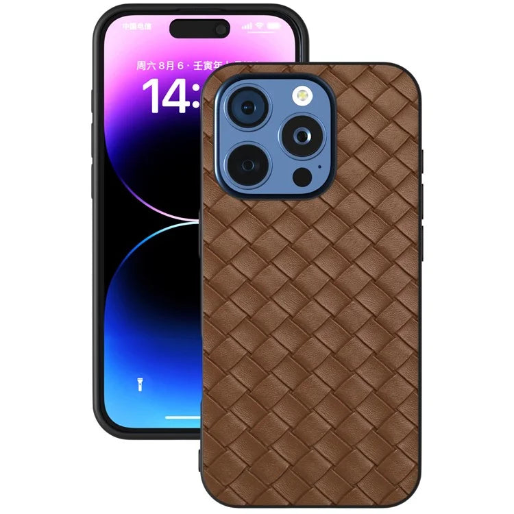 For iPhone 16 Pro Case Woven Texture PU Leather Coated PC+TPU Mobile Phone Cover