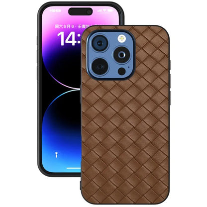 For iPhone 16 Pro Case Woven Texture PU Leather Coated PC+TPU Mobile Phone Cover