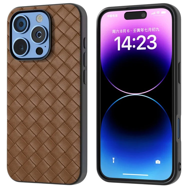 For iPhone 16 Pro Case Woven Texture PU Leather Coated PC+TPU Mobile Phone Cover