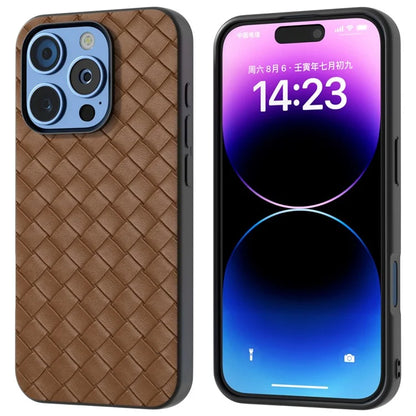For iPhone 16 Pro Case Woven Texture PU Leather Coated PC+TPU Mobile Phone Cover