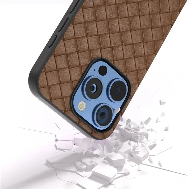 For iPhone 16 Pro Case Woven Texture PU Leather Coated PC+TPU Mobile Phone Cover