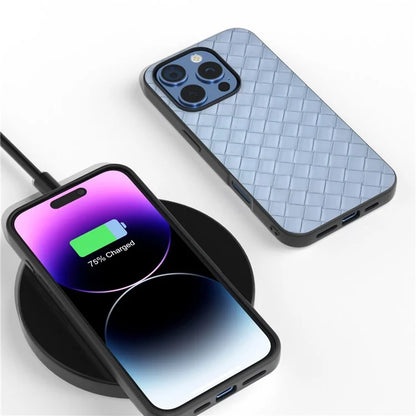 For iPhone 16 Pro Case Woven Texture PU Leather Coated PC+TPU Mobile Phone Cover