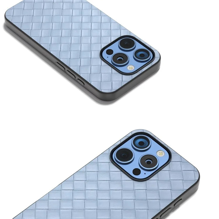 For iPhone 16 Pro Case Woven Texture PU Leather Coated PC+TPU Mobile Phone Cover