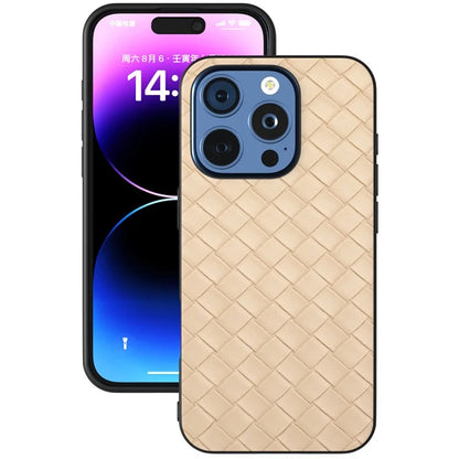 For iPhone 16 Pro Case Woven Texture PU Leather Coated PC+TPU Mobile Phone Cover