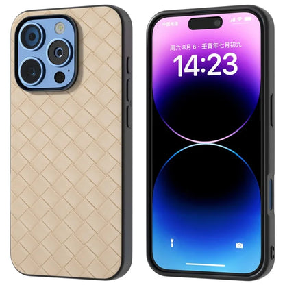 For iPhone 16 Pro Case Woven Texture PU Leather Coated PC+TPU Mobile Phone Cover
