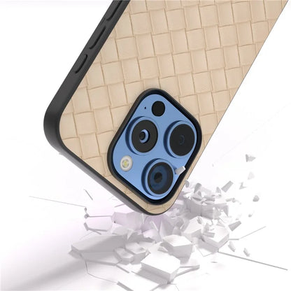 For iPhone 16 Pro Case Woven Texture PU Leather Coated PC+TPU Mobile Phone Cover
