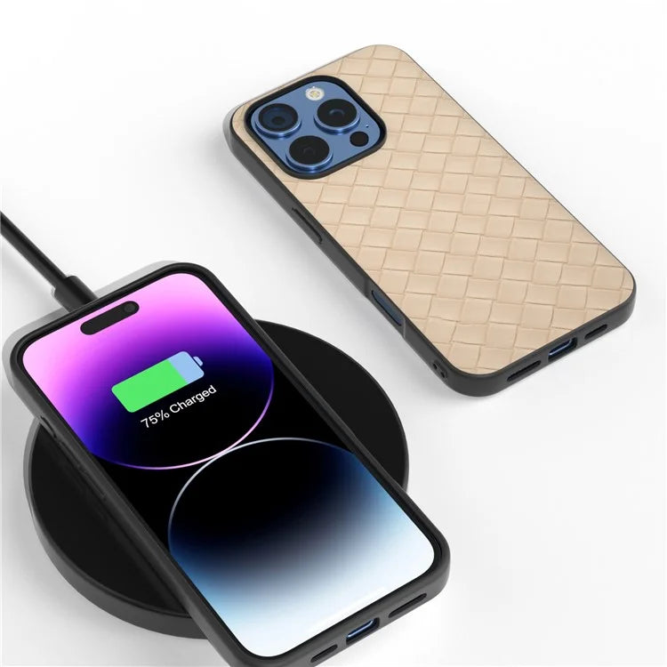 For iPhone 16 Pro Case Woven Texture PU Leather Coated PC+TPU Mobile Phone Cover