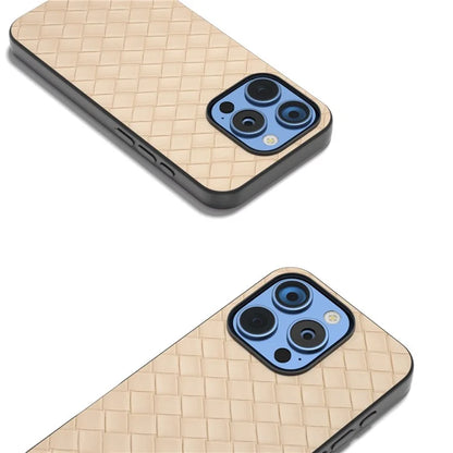 For iPhone 16 Pro Case Woven Texture PU Leather Coated PC+TPU Mobile Phone Cover