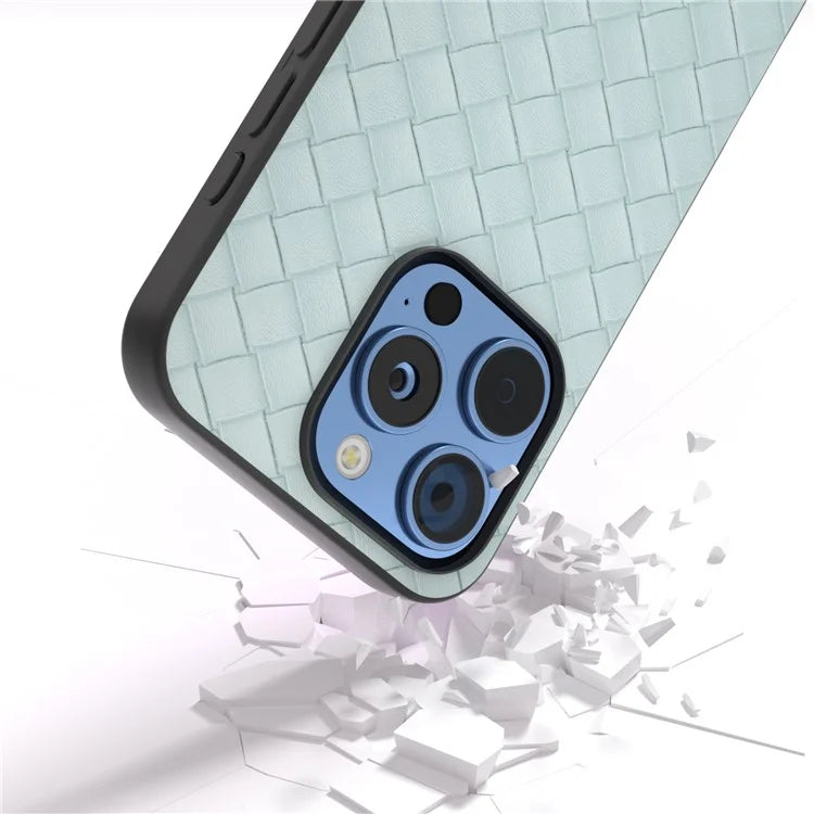 For iPhone 16 Pro Case Woven Texture PU Leather Coated PC+TPU Mobile Phone Cover