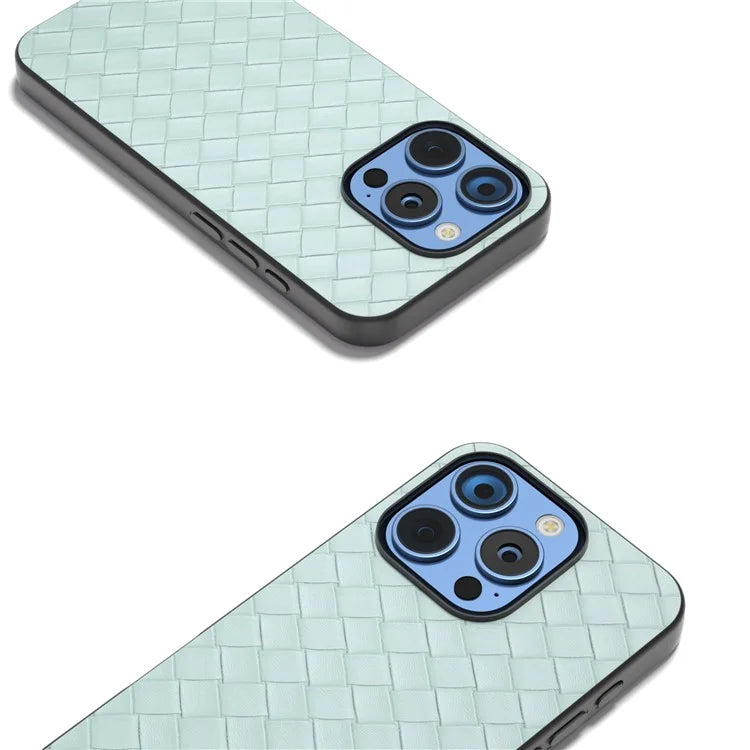 For iPhone 16 Pro Case Woven Texture PU Leather Coated PC+TPU Mobile Phone Cover