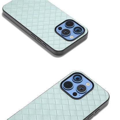 For iPhone 16 Pro Case Woven Texture PU Leather Coated PC+TPU Mobile Phone Cover