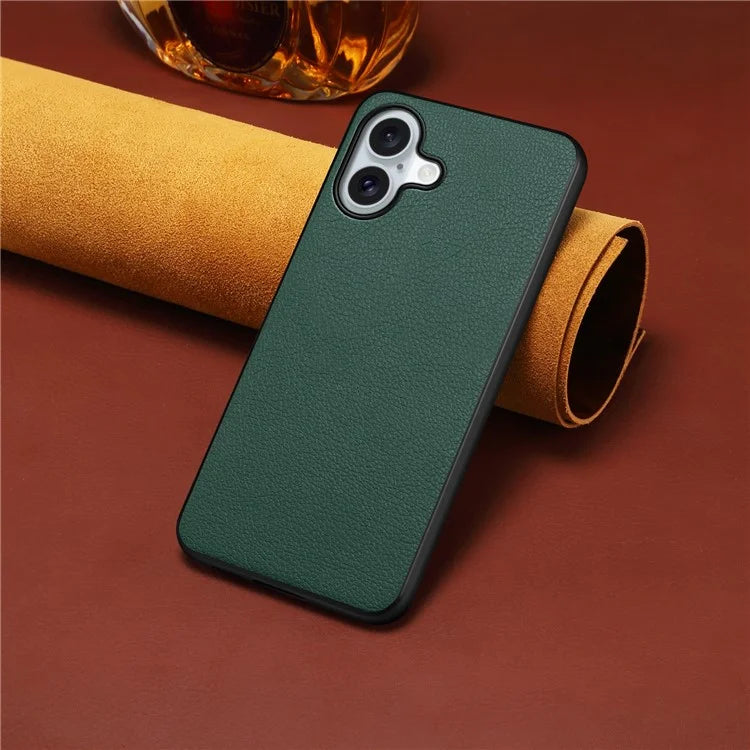 For iPhone 16 Case Leather Coated PC+TPU Anti-Scratch Phone Cover