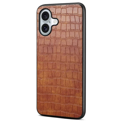 For iPhone 16 Case Crocodile Texture Leather Coated PC+TPU Phone Cover