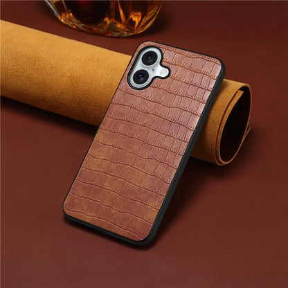 For iPhone 16 Case Crocodile Texture Leather Coated PC+TPU Phone Cover