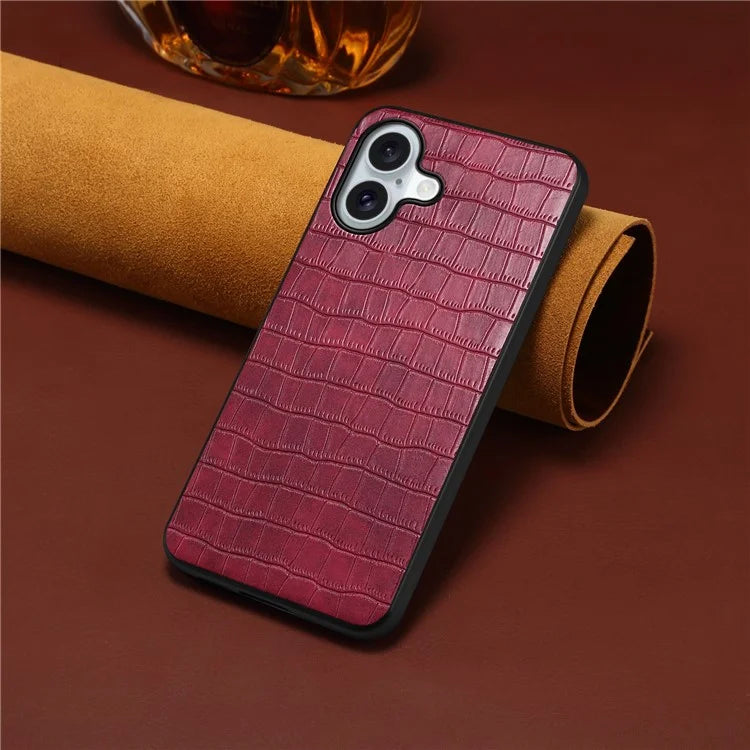 For iPhone 16 Case Crocodile Texture Leather Coated PC+TPU Phone Cover