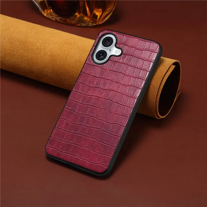 For iPhone 16 Case Crocodile Texture Leather Coated PC+TPU Phone Cover