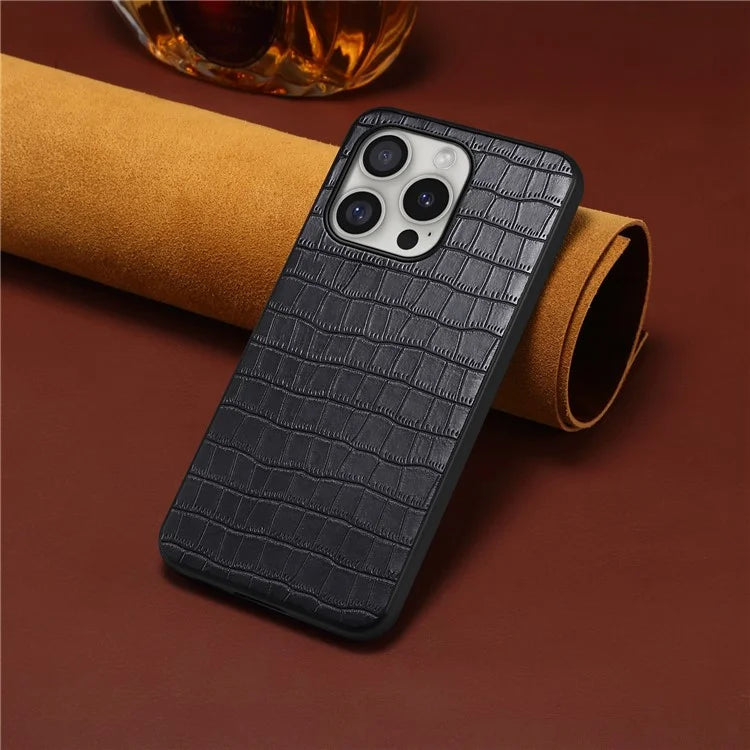 For iPhone 16 Pro Case Crocodile Texture Leather Coated PC+TPU Phone Cover