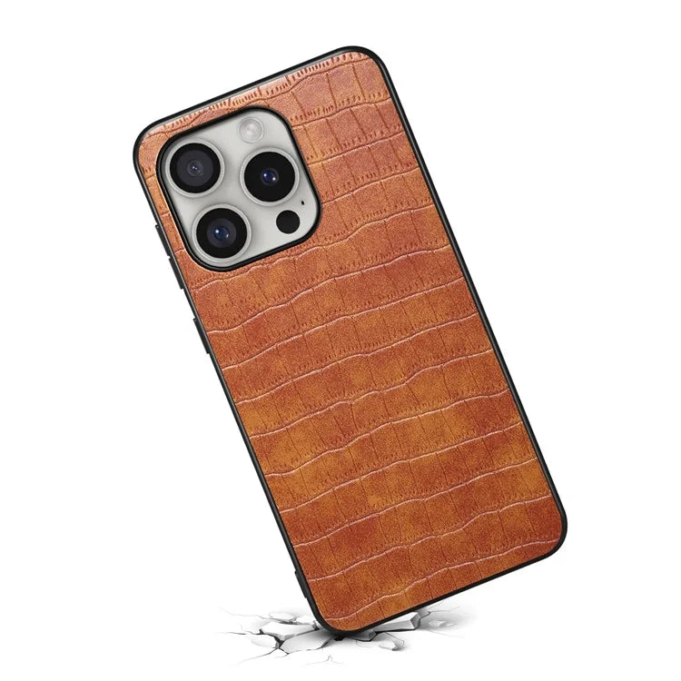 For iPhone 16 Pro Case Crocodile Texture Leather Coated PC+TPU Phone Cover