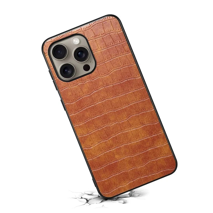 For iPhone 16 Pro Max Case Crocodile Texture Leather Coated PC+TPU Phone Cover
