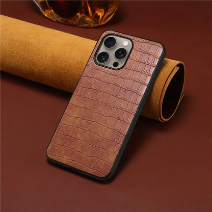 For iPhone 16 Pro Max Case Crocodile Texture Leather Coated PC+TPU Phone Cover