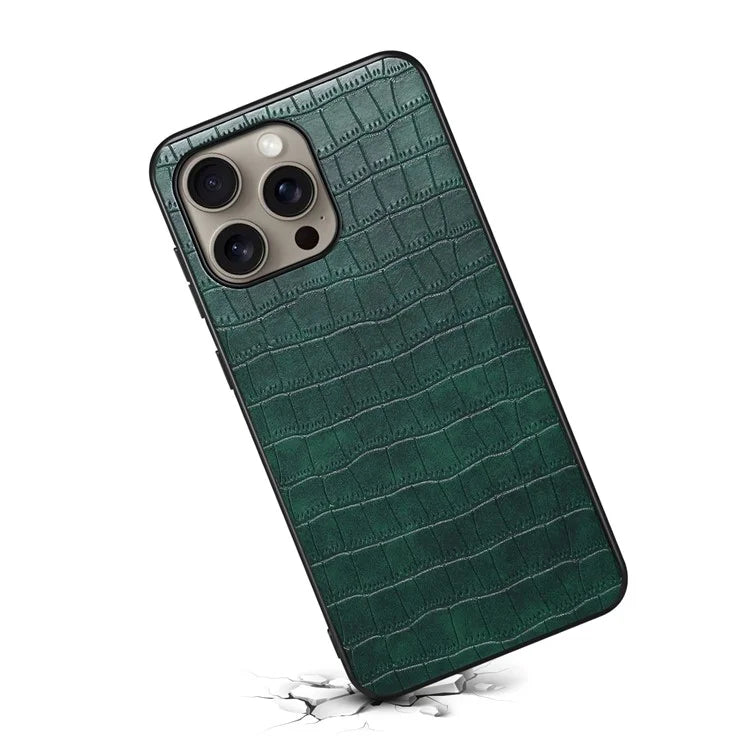 For iPhone 16 Pro Max Case Crocodile Texture Leather Coated PC+TPU Phone Cover