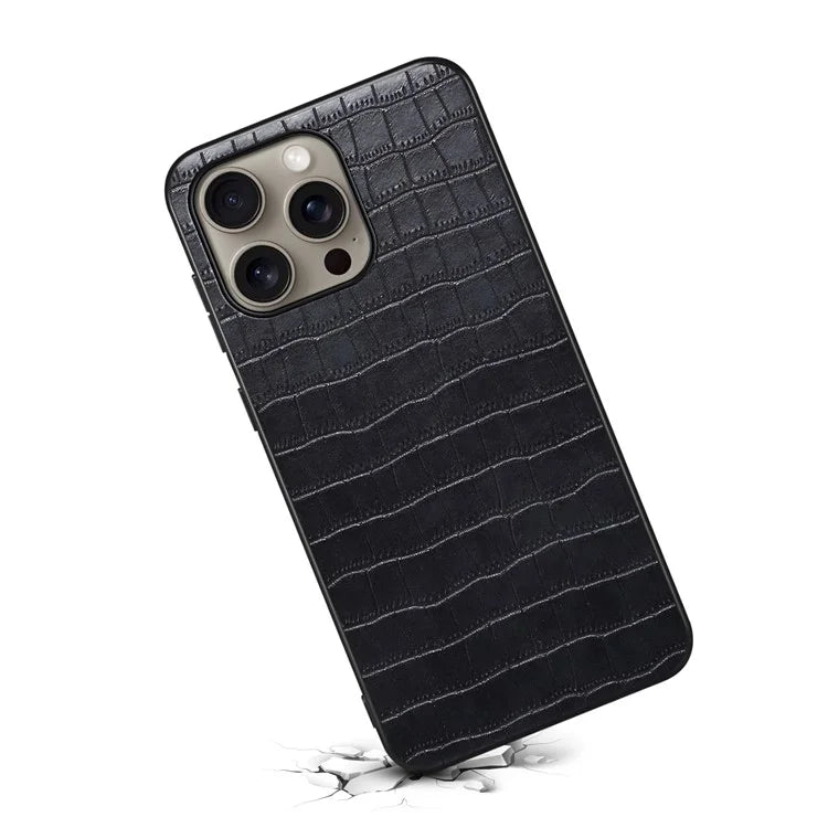 For iPhone 16 Pro Max Case Crocodile Texture Leather Coated PC+TPU Phone Cover