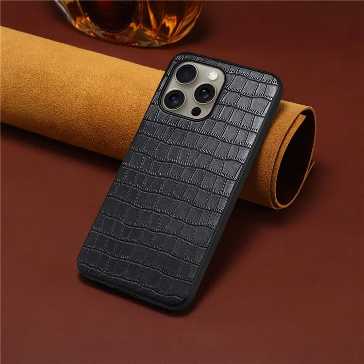 For iPhone 16 Pro Max Case Crocodile Texture Leather Coated PC+TPU Phone Cover